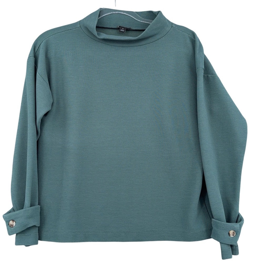Ann Taylor Mock Neck Pullover Women XS Cotton Blend Green Ribbed Cuff Button
